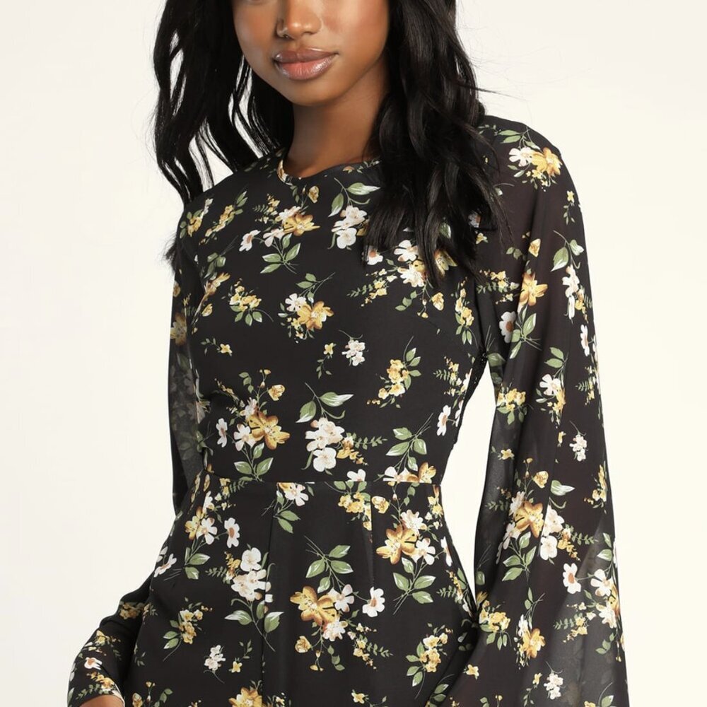 NWT Lulus Poised and Playful Black Floral Long Sleeve Backless Romper (size S)